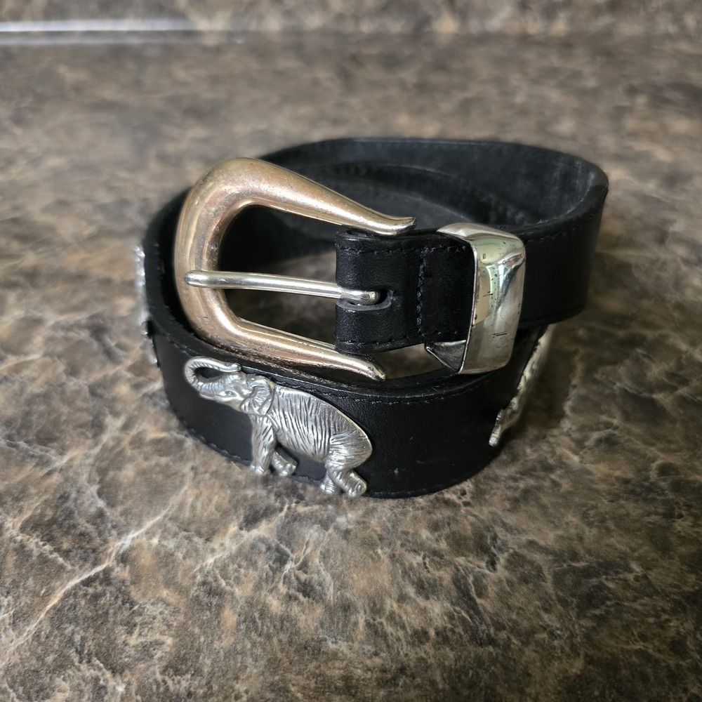 Vintage HONEST Black Leather Safari Animal Concho Belt Size 30 Elephant Zebra